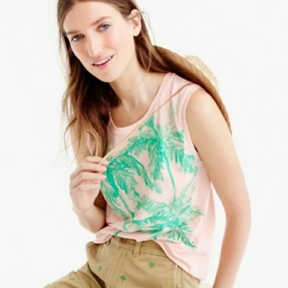 J.Crew Sleeveless Blush Top with Green Sequin Palm Trees XS